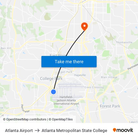 Atlanta Airport to Atlanta Metropolitan State College map