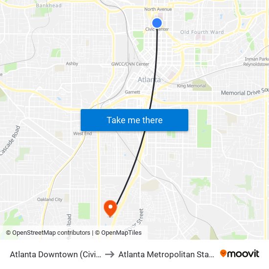 Atlanta Downtown (Civic Center) to Atlanta Metropolitan State College map