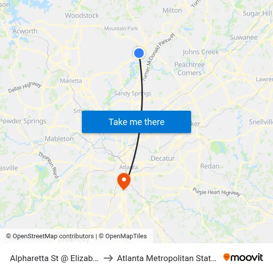 Alpharetta St @ Elizabeth Way to Atlanta Metropolitan State College map