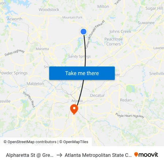Alpharetta St @ Green St to Atlanta Metropolitan State College map