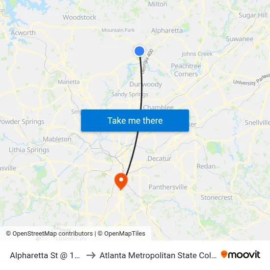 Alpharetta St @ 1240 to Atlanta Metropolitan State College map