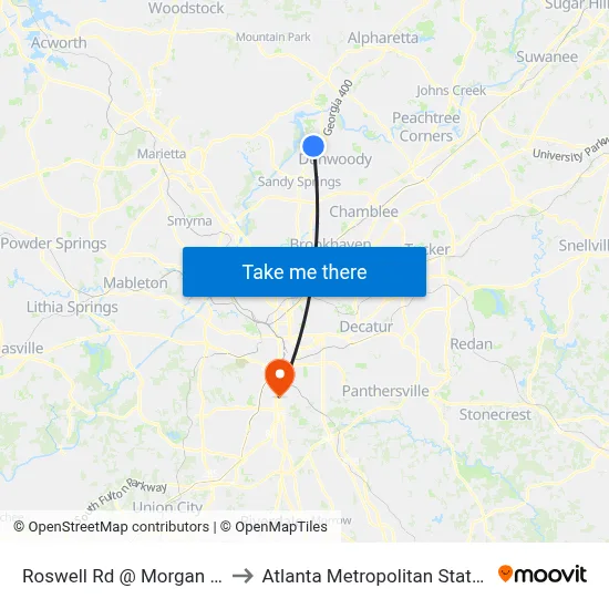 Roswell Rd @ Morgan Falls Rd to Atlanta Metropolitan State College map