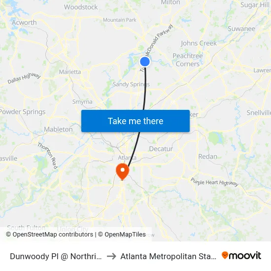 Dunwoody Pl @ Northridge Pkwy to Atlanta Metropolitan State College map