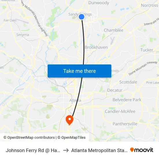 Johnson Ferry Rd @ Harleston Rd to Atlanta Metropolitan State College map