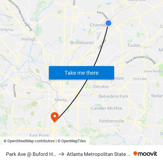 Park Ave @ Buford Hwy NE to Atlanta Metropolitan State College map