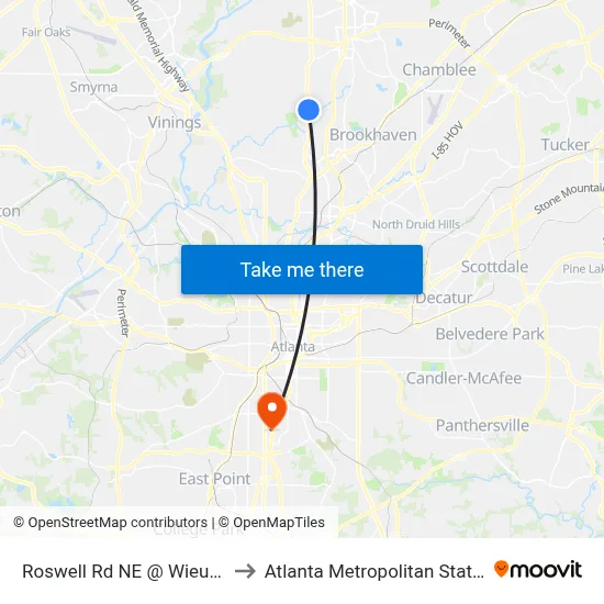 Roswell Rd NE @ Wieuca Rd NE to Atlanta Metropolitan State College map