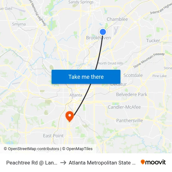 Peachtree Rd @ Lanier Dr to Atlanta Metropolitan State College map