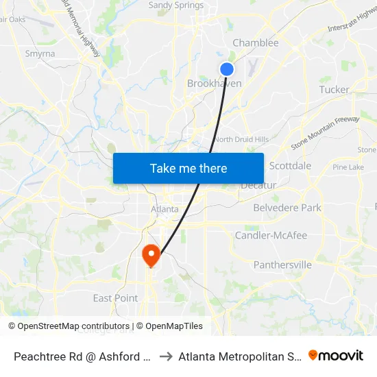 Peachtree Rd @ Ashford Dunwoody Rd to Atlanta Metropolitan State College map