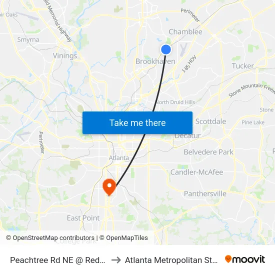 Peachtree Rd NE @ Redding Rd NE to Atlanta Metropolitan State College map