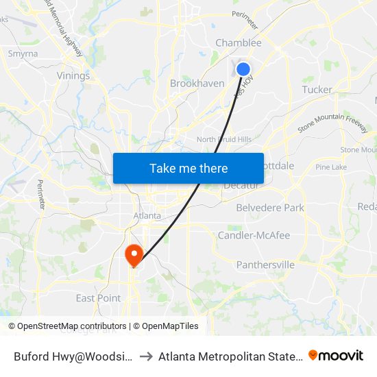 Buford Hwy@Woodside Way to Atlanta Metropolitan State College map
