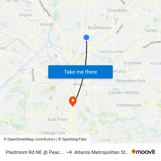 Piedmont Rd NE @ Peachtree Rd NE to Atlanta Metropolitan State College map