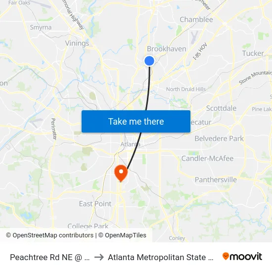 Peachtree Rd NE @ 3414 to Atlanta Metropolitan State College map