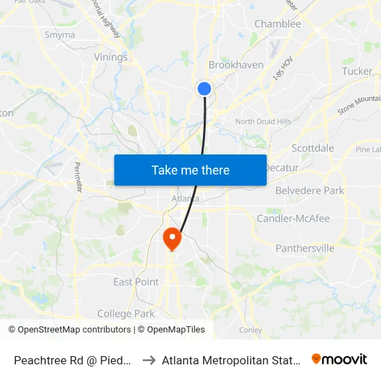 Peachtree Rd @ Piedmont Rd to Atlanta Metropolitan State College map