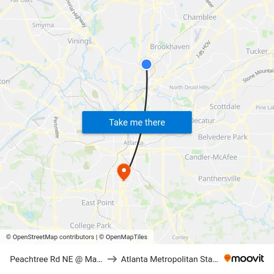 Peachtree Rd NE @ Maple Dr NE to Atlanta Metropolitan State College map