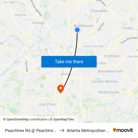 Peachtree Rd @ Peachtree Dunwoody Rd to Atlanta Metropolitan State College map