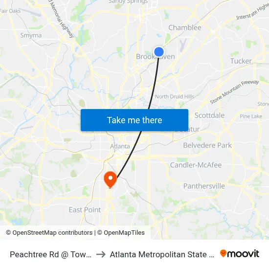 Peachtree Rd @ Town Blvd to Atlanta Metropolitan State College map
