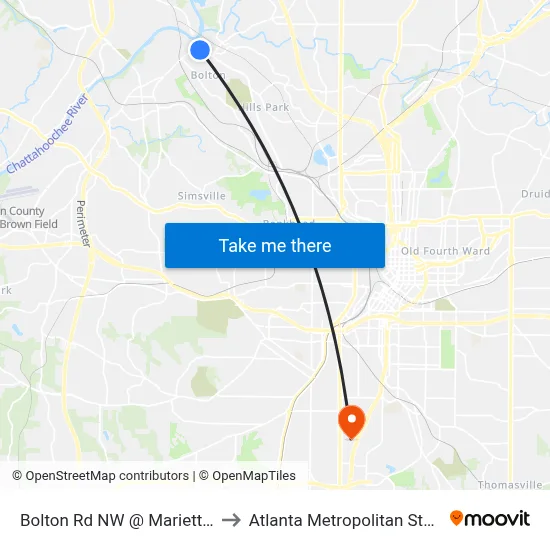 Bolton Rd NW @ Marietta Blvd NW to Atlanta Metropolitan State College map