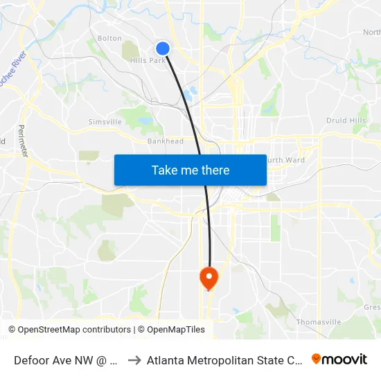 Defoor Ave NW @ 1990 to Atlanta Metropolitan State College map