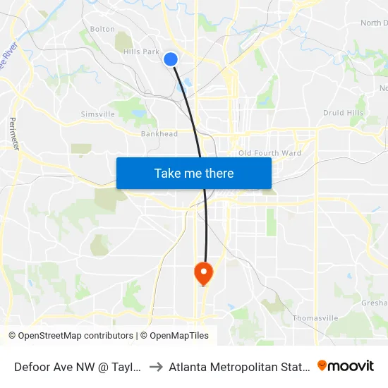 Defoor Ave NW @ Taylor St NW to Atlanta Metropolitan State College map