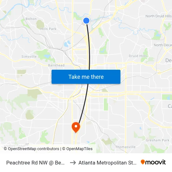 Peachtree Rd NW @ Bennett St NW to Atlanta Metropolitan State College map