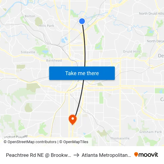 Peachtree Rd NE @ Brookwood Valley Cir NE to Atlanta Metropolitan State College map