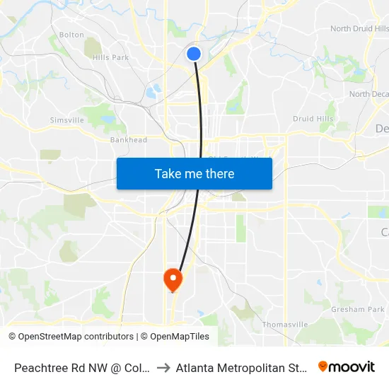 Peachtree Rd NW @ Collier Rd NW to Atlanta Metropolitan State College map