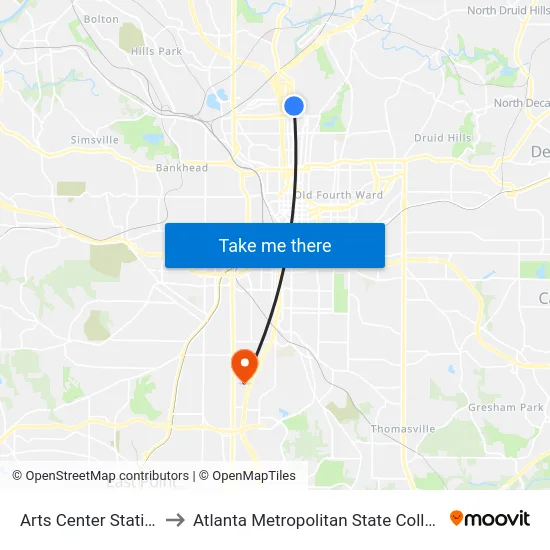 Arts Center Station to Atlanta Metropolitan State College map