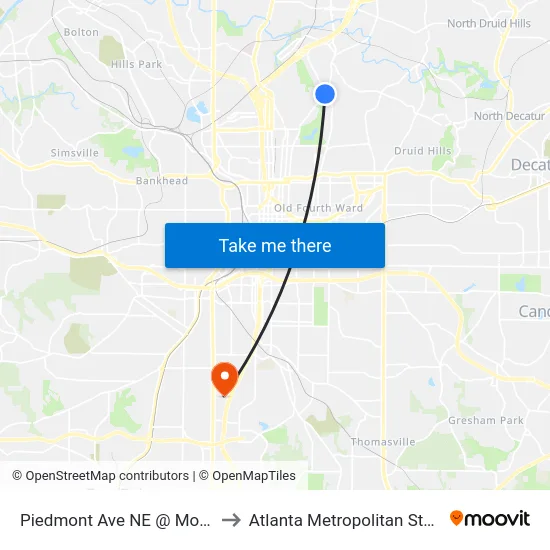 Piedmont Ave NE @ Monroe Dr NE to Atlanta Metropolitan State College map
