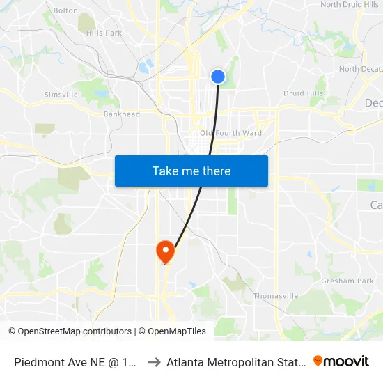 Piedmont Ave NE @ 14th St NE to Atlanta Metropolitan State College map