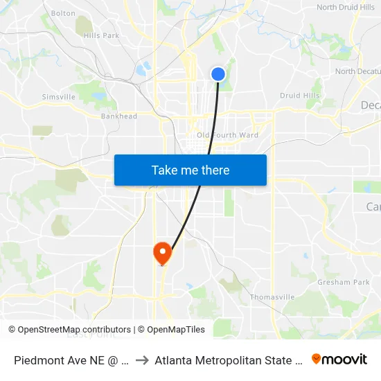 Piedmont Ave NE @ Prado to Atlanta Metropolitan State College map