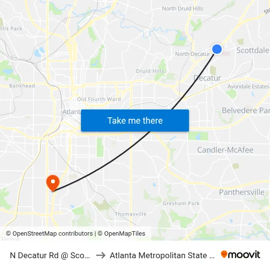 N Decatur Rd @ Scott Blvd to Atlanta Metropolitan State College map