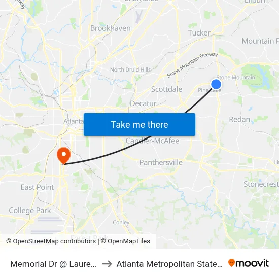Memorial Dr @ Lauren Pkwy to Atlanta Metropolitan State College map