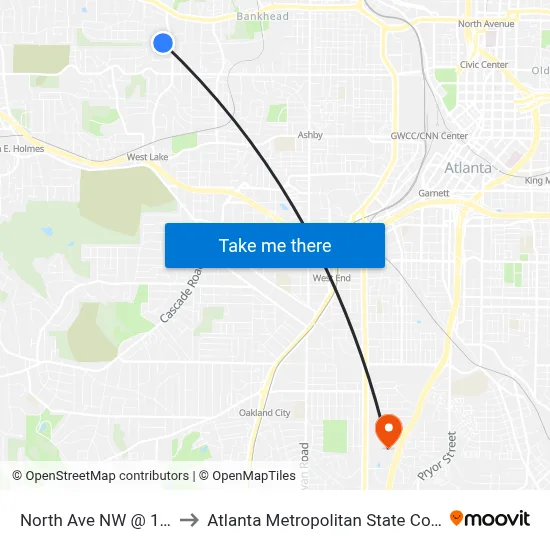 North Ave NW @ 1676 to Atlanta Metropolitan State College map