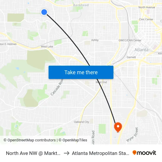 North Ave NW @ Marktwo Pl NW to Atlanta Metropolitan State College map