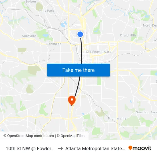 10th St NW @ Fowler St NW to Atlanta Metropolitan State College map