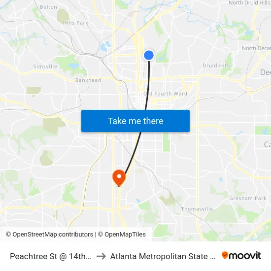 Peachtree St @ 14th St NE to Atlanta Metropolitan State College map