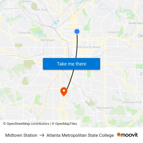 Midtown Station to Atlanta Metropolitan State College map
