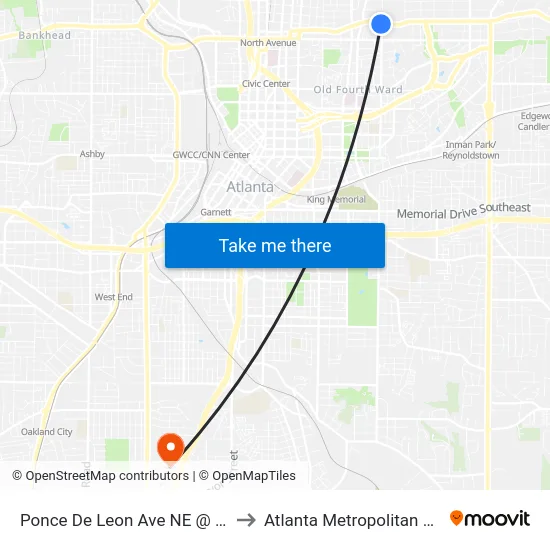 Ponce De Leon Ave NE @ Glen Iris Dr NE to Atlanta Metropolitan State College map
