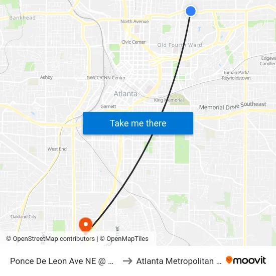 Ponce De Leon Ave NE @ Ponce De Leon Ct to Atlanta Metropolitan State College map