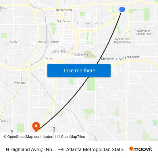 N Highland Ave @ North Ave to Atlanta Metropolitan State College map