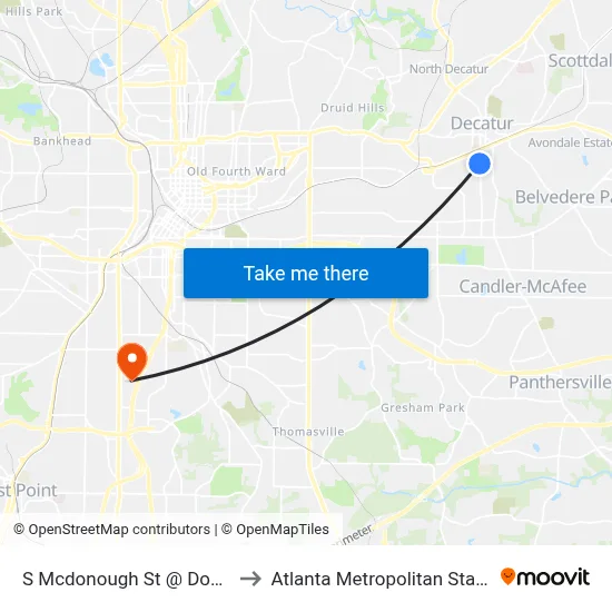 S Mcdonough St @ Dougherty St to Atlanta Metropolitan State College map