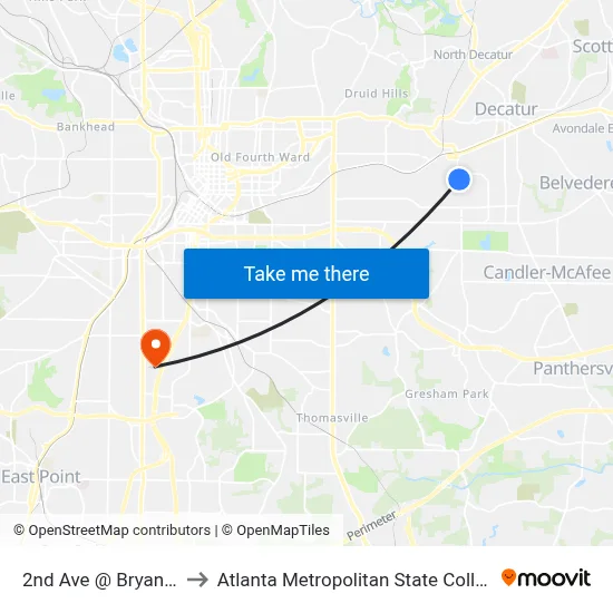 2nd Ave @ Bryan Pl to Atlanta Metropolitan State College map