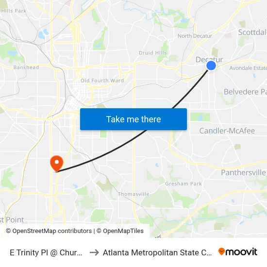 E Trinity Pl @ Church St to Atlanta Metropolitan State College map