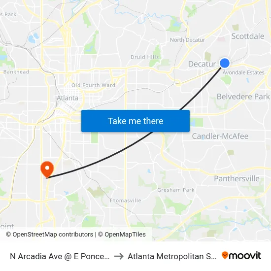 N Arcadia Ave @ E Ponce De Leon Ave to Atlanta Metropolitan State College map