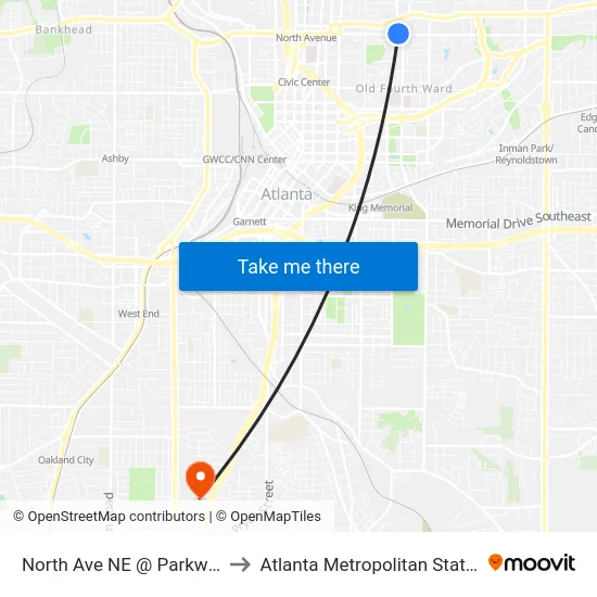 North Ave NE @ Parkway Dr NE to Atlanta Metropolitan State College map