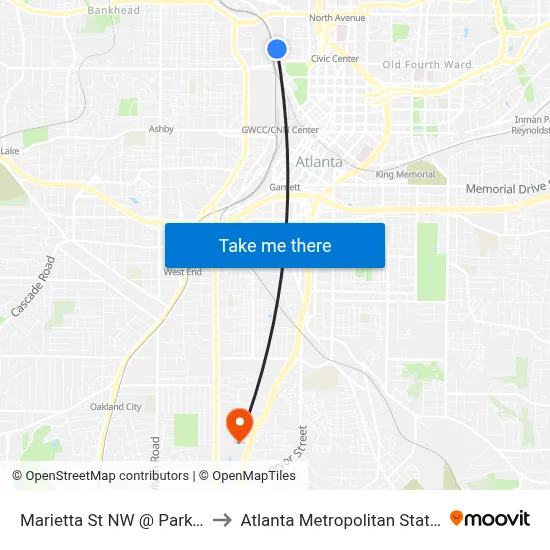 Marietta St NW @ Parker St NW to Atlanta Metropolitan State College map
