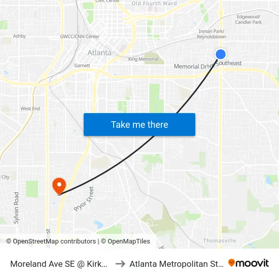 Moreland Ave SE @ Kirkwood Ave SE to Atlanta Metropolitan State College map
