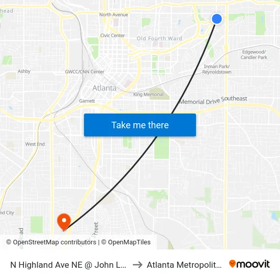 N Highland Ave NE @ John Lewis Freedom Pkwy NE to Atlanta Metropolitan State College map