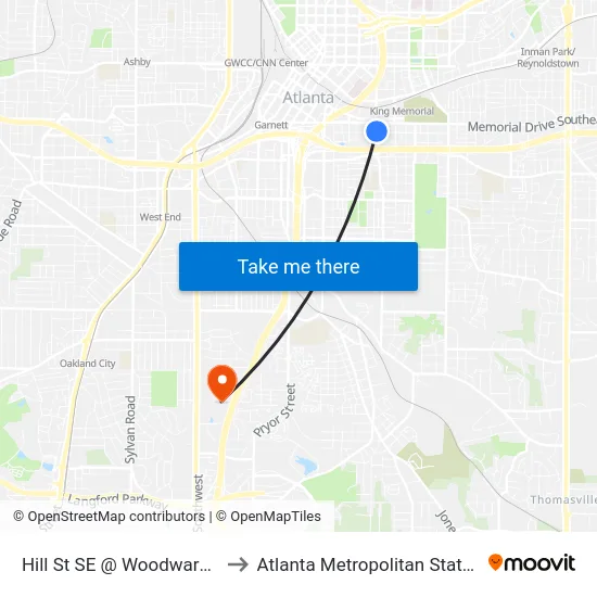Hill St SE @ Woodward Ave SE to Atlanta Metropolitan State College map