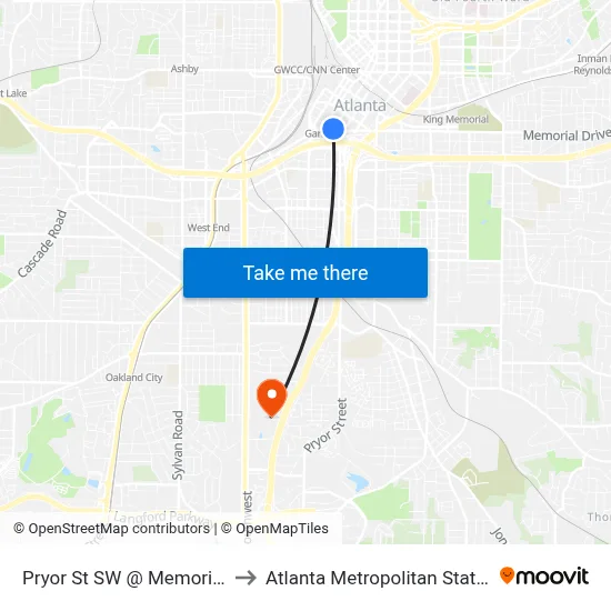Pryor St SW @ Memorial Dr SW to Atlanta Metropolitan State College map